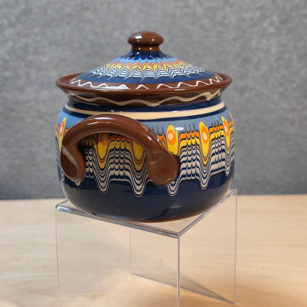 Vintage Bulgarian Troyan Pottery Lidded Gyuvech Cooking Pot Blue Peacock Pattern